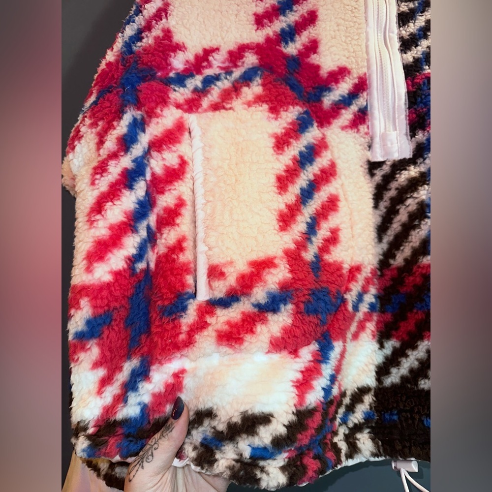 SO XXL Oversized Sherpa Fleece Pullover Plaid Zip High Neck Cozy Jacket - Picture 7 of 11